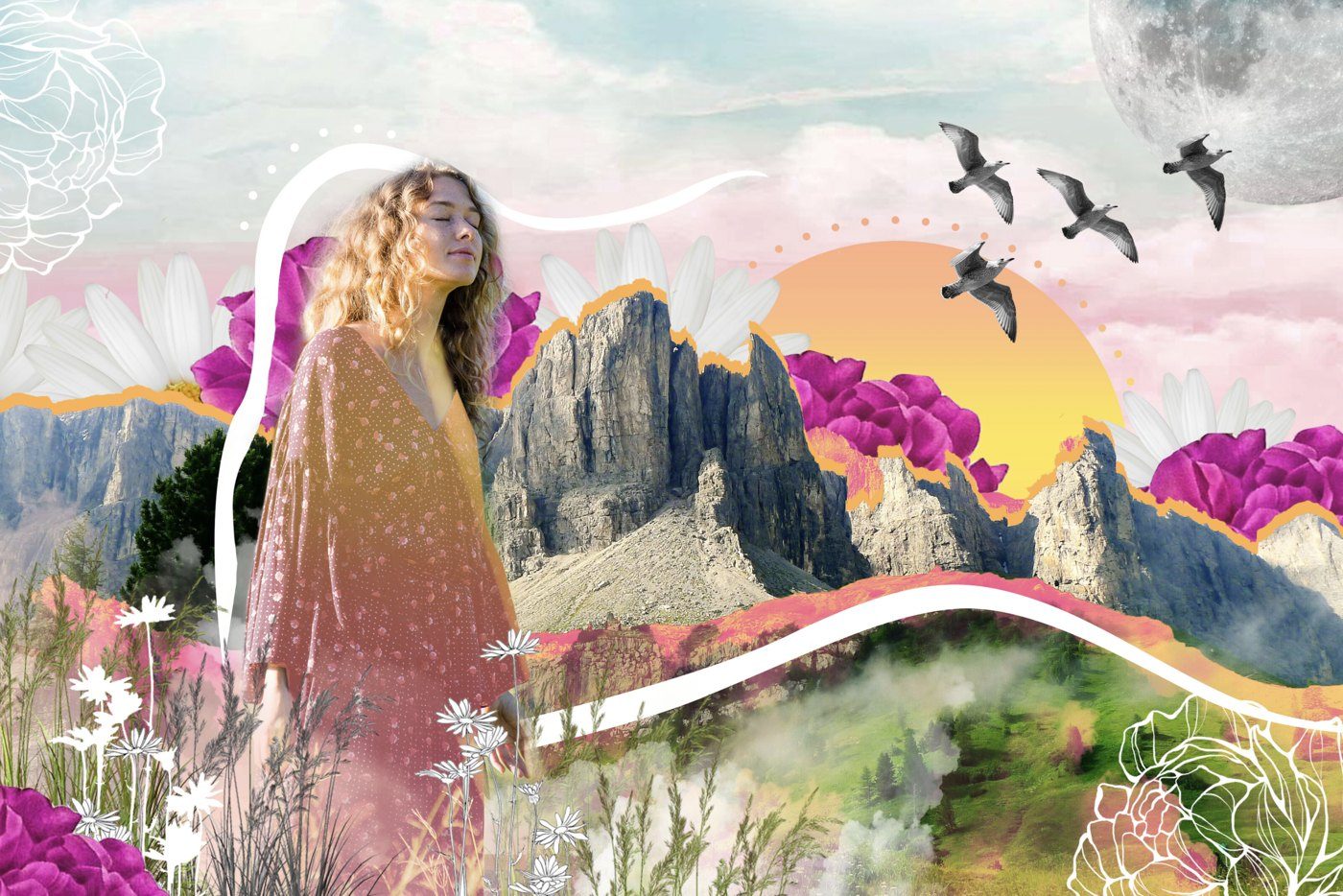 Collage : une femme, les yeux fermés, au milieu des montagnes et des fleurs
